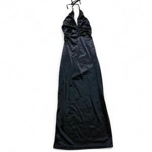 Sexy size 1X-2X Black halter neck maxi night gown  tie back rhinestones detail